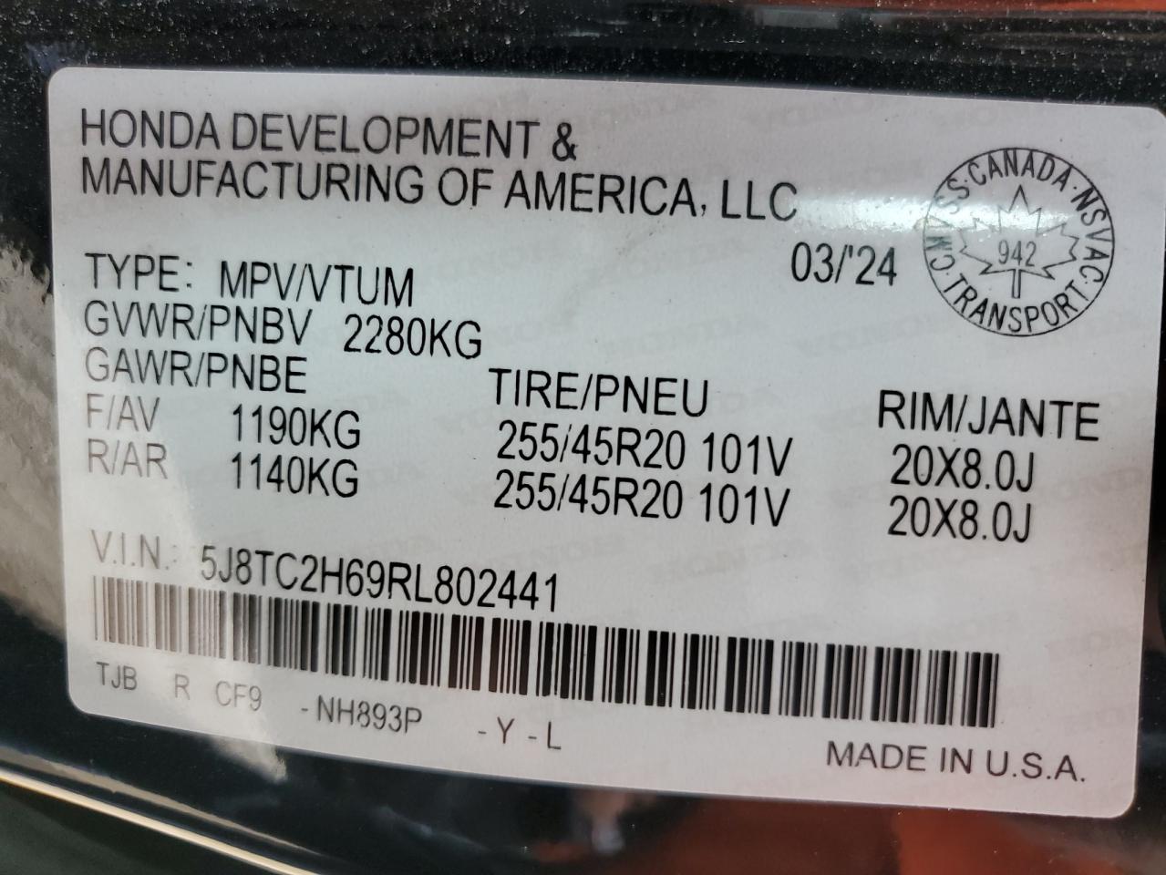 2024 Acura Rdx A-Spec VIN: 5J8TC2H69RL802441 Lot: 62033075