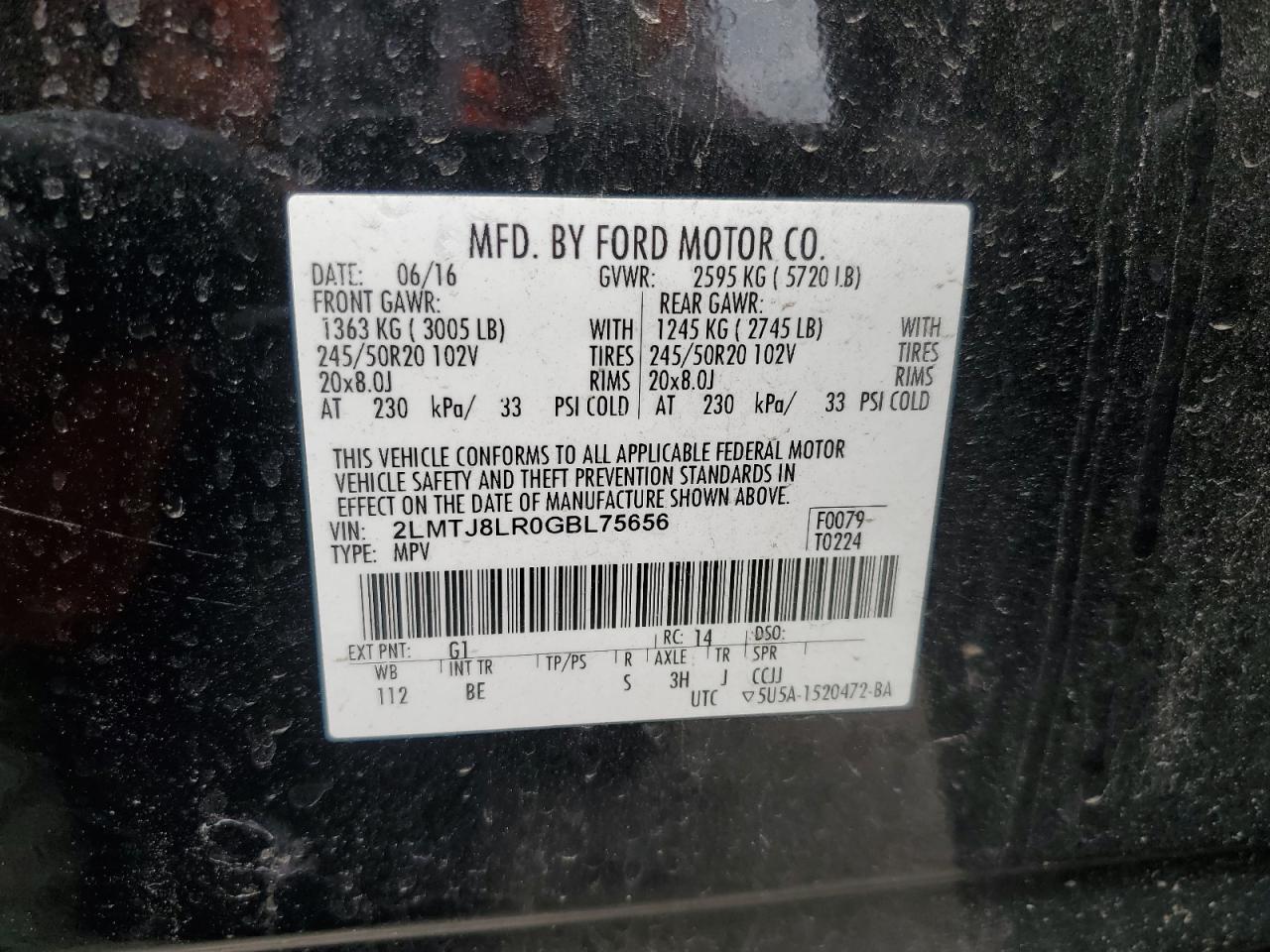 2016 Lincoln Mkx Reserve VIN: 2LMTJ8LR0GBL75656 Lot: 61785705