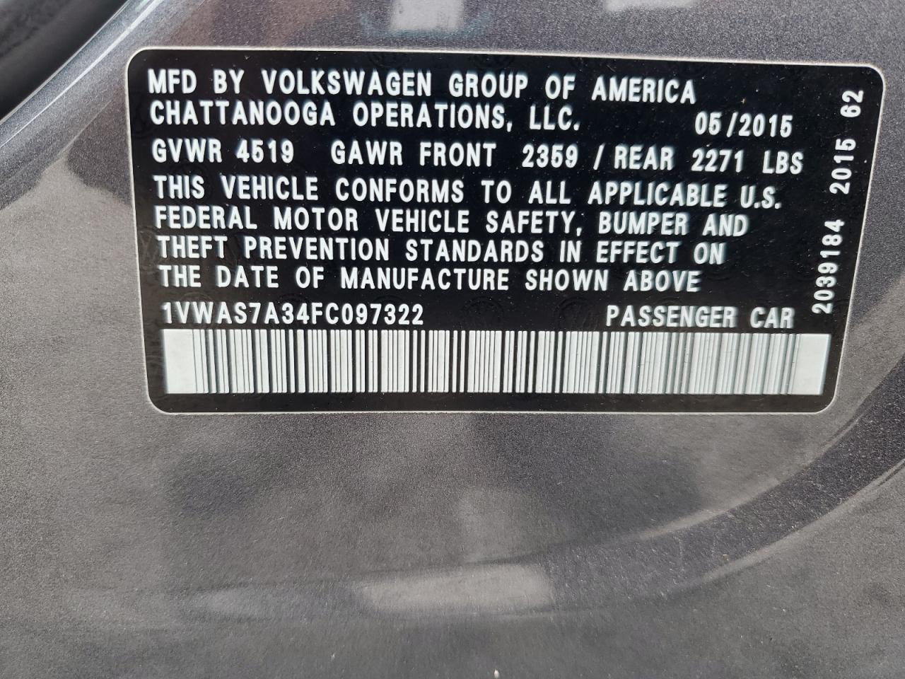 2015 Volkswagen Passat S VIN: 1VWAS7A34FC097322 Lot: 58743765