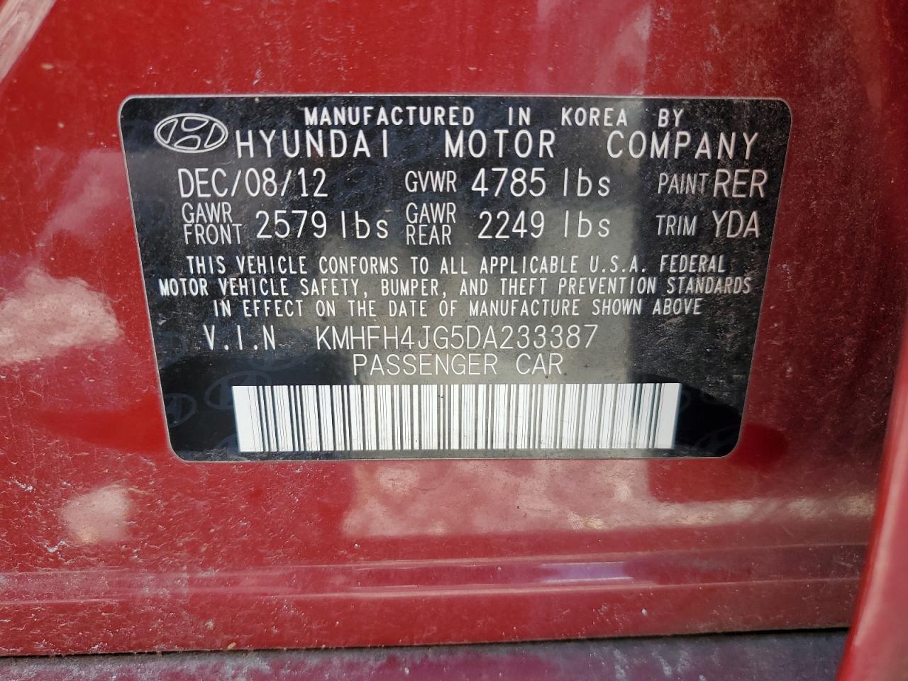 2013 Hyundai Azera Gls VIN: KMHFH4JG5DA233387 Lot: 61976845