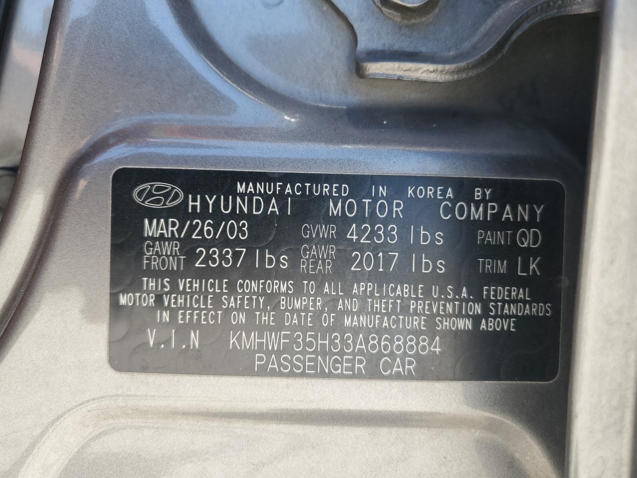 2003 Hyundai Sonata Gls VIN: KMHWF35H33A868884 Lot: 61442535