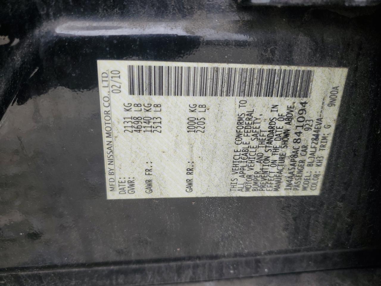 2010 Nissan Maxima S VIN: 1N4AA5AP8AC841094 Lot: 62018965