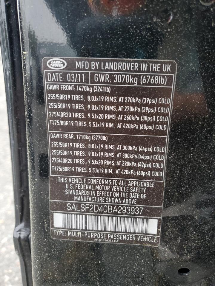 2011 Land Rover Range Rover Sport Hse VIN: SALSF2D40BA293937 Lot: 58825285