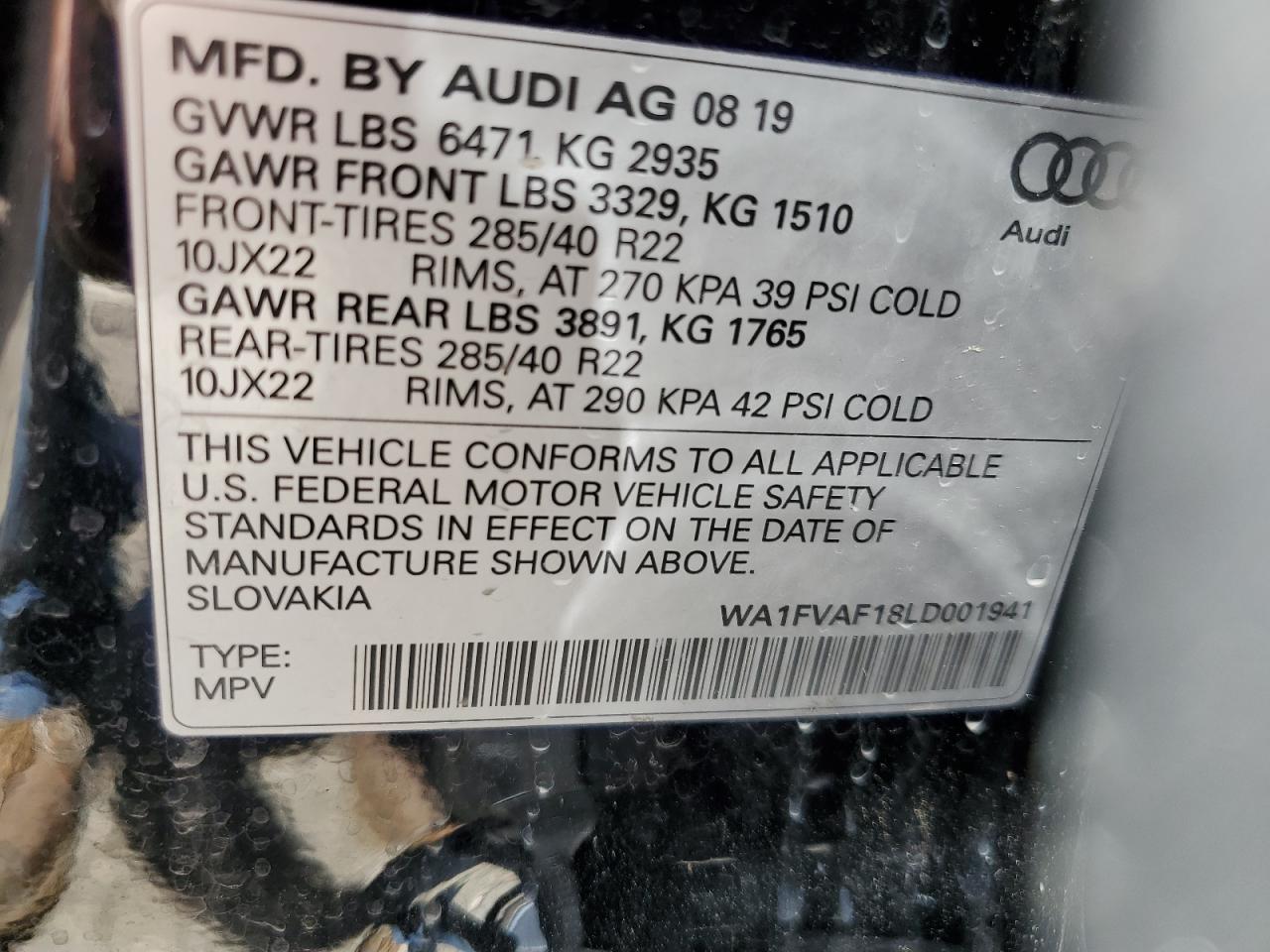 2020 Audi Q8 Prestige S-Line VIN: WA1FVAF18LD001941 Lot: 61498385