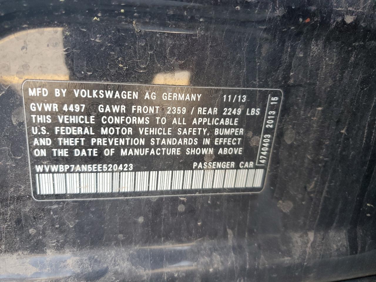 2014 Volkswagen Cc Sport VIN: WVWBP7AN5EE520423 Lot: 60473015