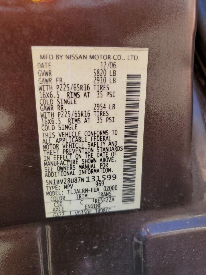 2007 Nissan Quest S VIN: 5N1BV28U87N131599 Lot: 59339875