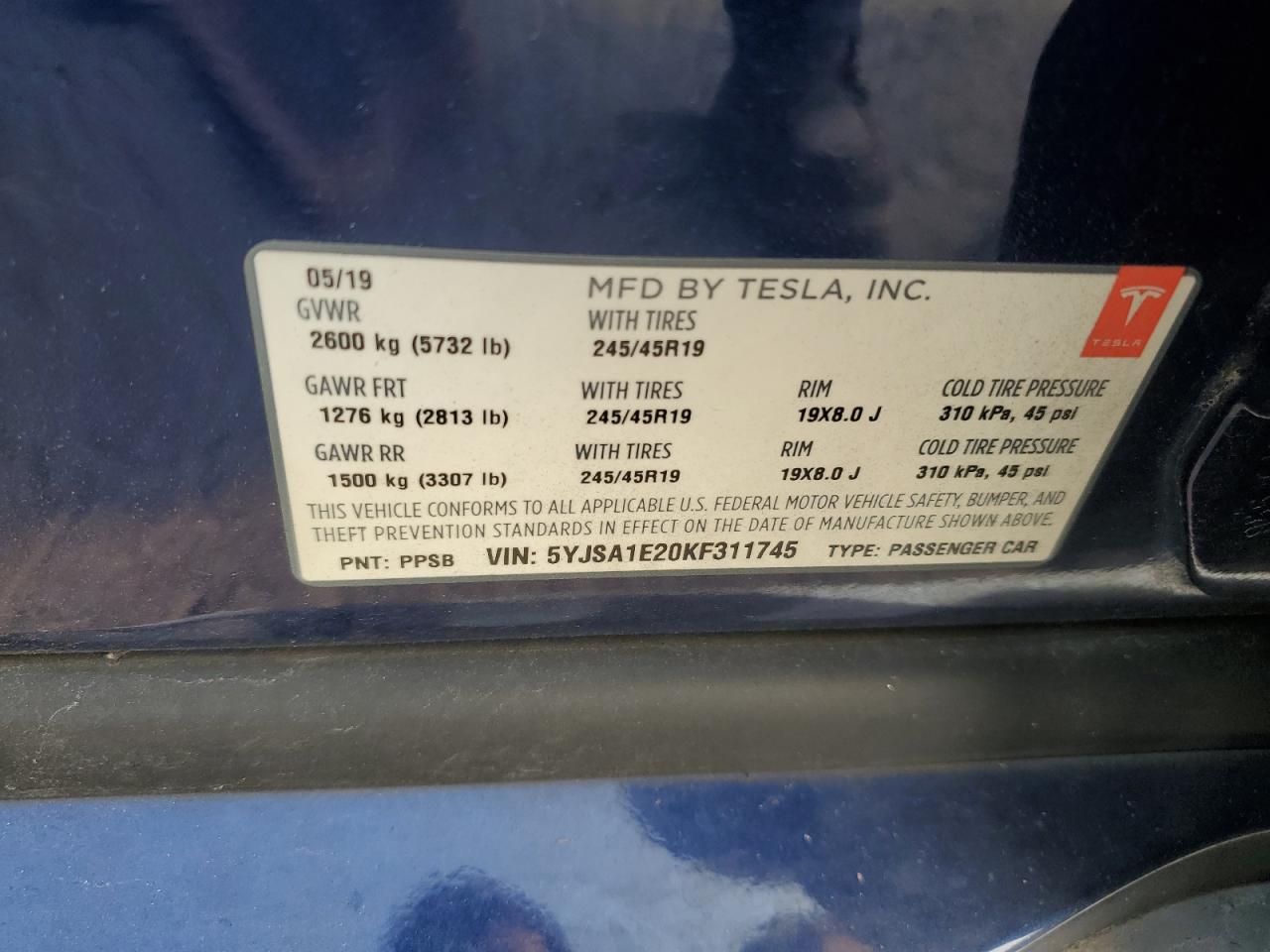 2019 Tesla Model S VIN: 5YJSA1E20KF311745 Lot: 59299305