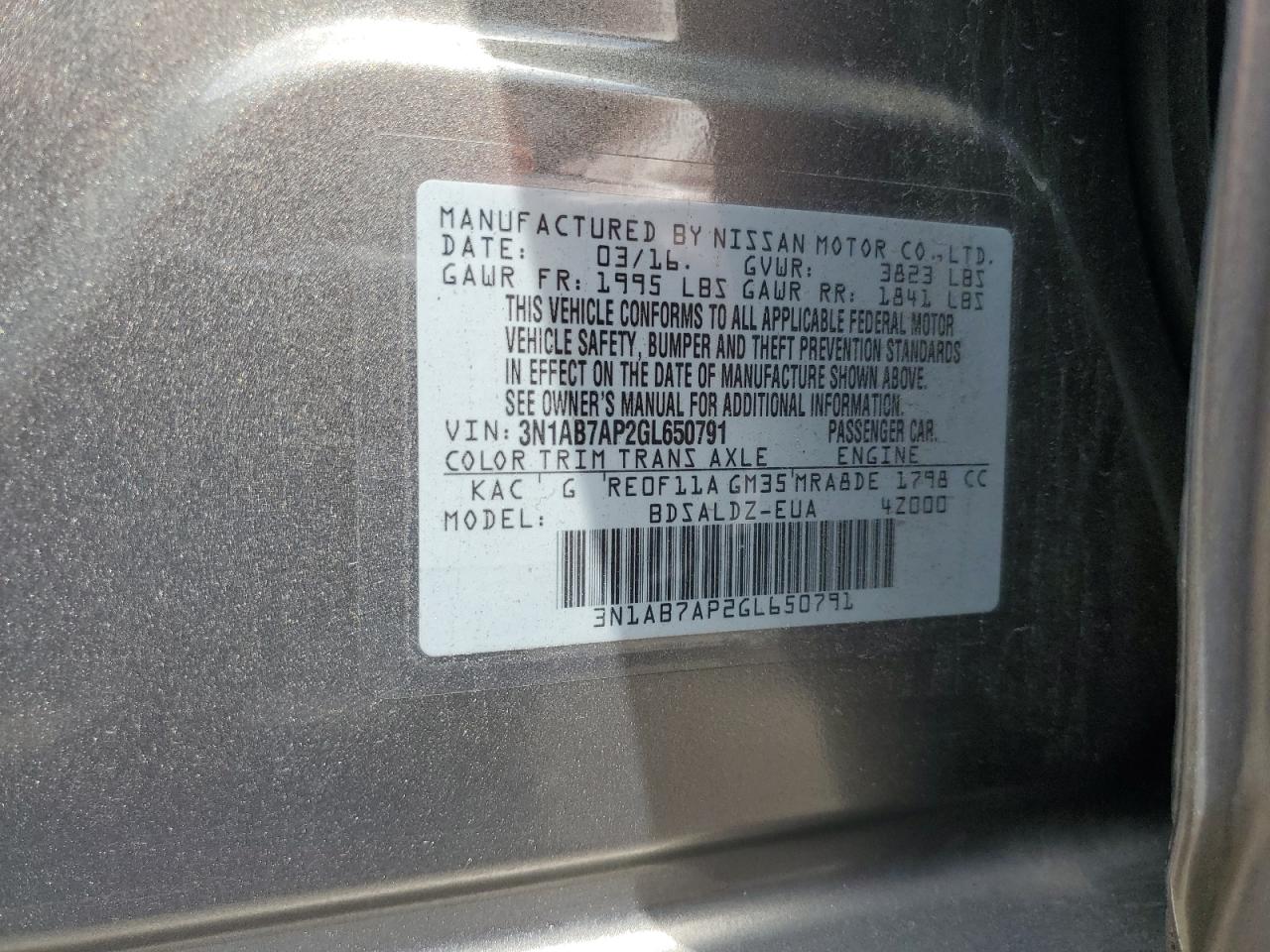 2016 Nissan Sentra S VIN: 3N1AB7AP2GL650791 Lot: 62812705