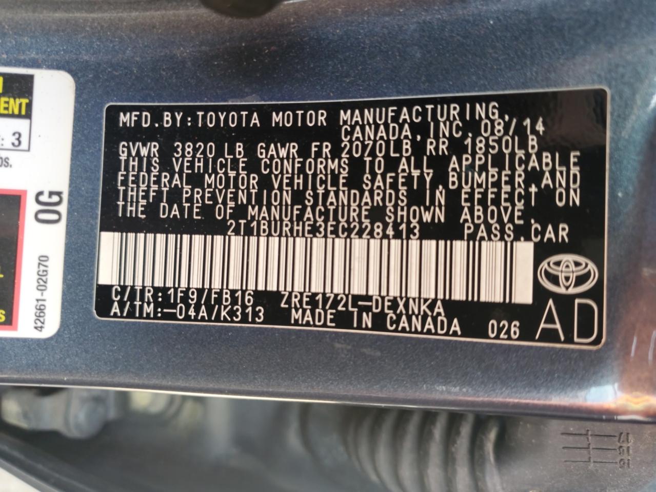 2014 Toyota Corolla L VIN: 2T1BURHE3EC228413 Lot: 60854975