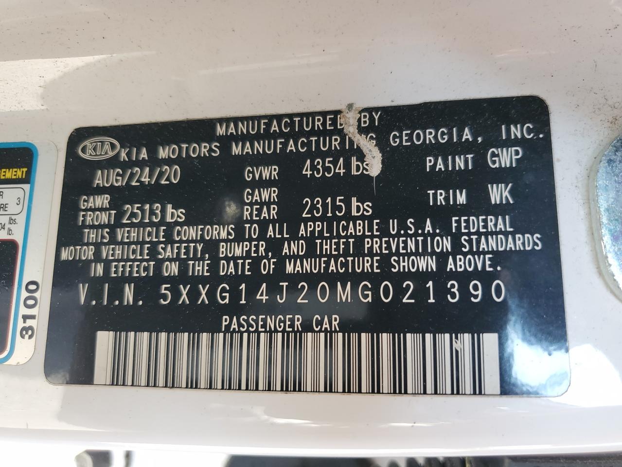 2021 Kia K5 Lxs VIN: 5XXG14J20MG021390 Lot: 59684755