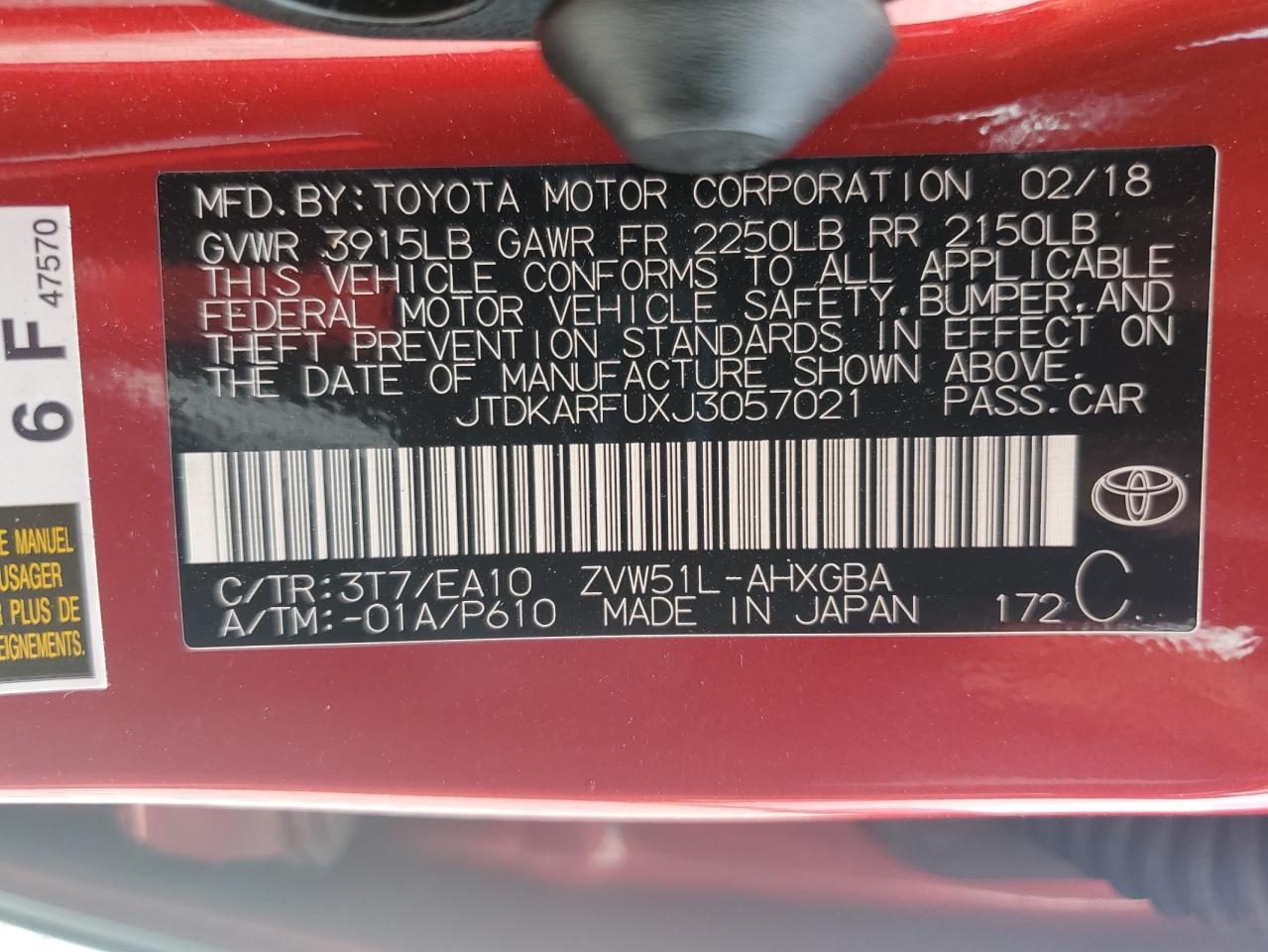 2018 Toyota Prius VIN: JTDKARFUXJ3057021 Lot: 62875635
