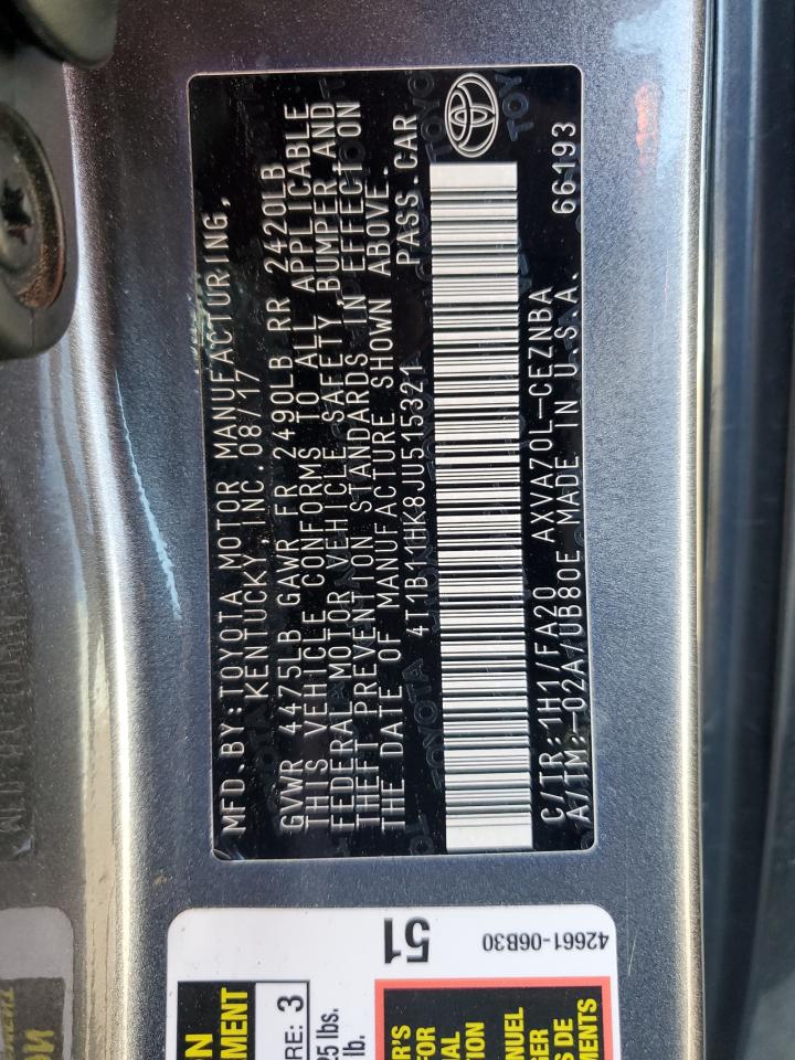 2018 Toyota Camry L VIN: 4T1B11HK8JU515321 Lot: 62285545