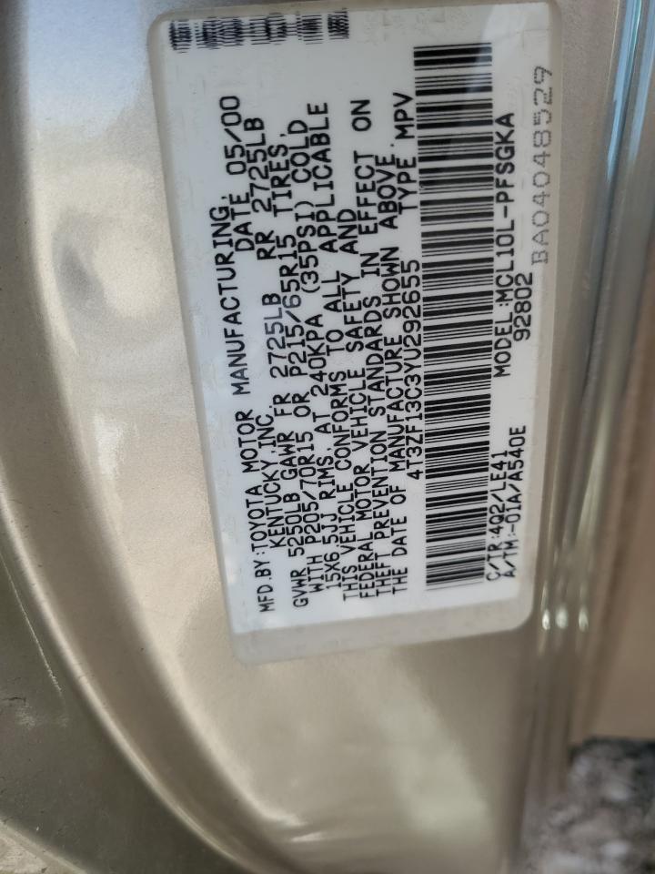 2000 Toyota Sienna Le VIN: 4T3ZF13C3YU292655 Lot: 62398825