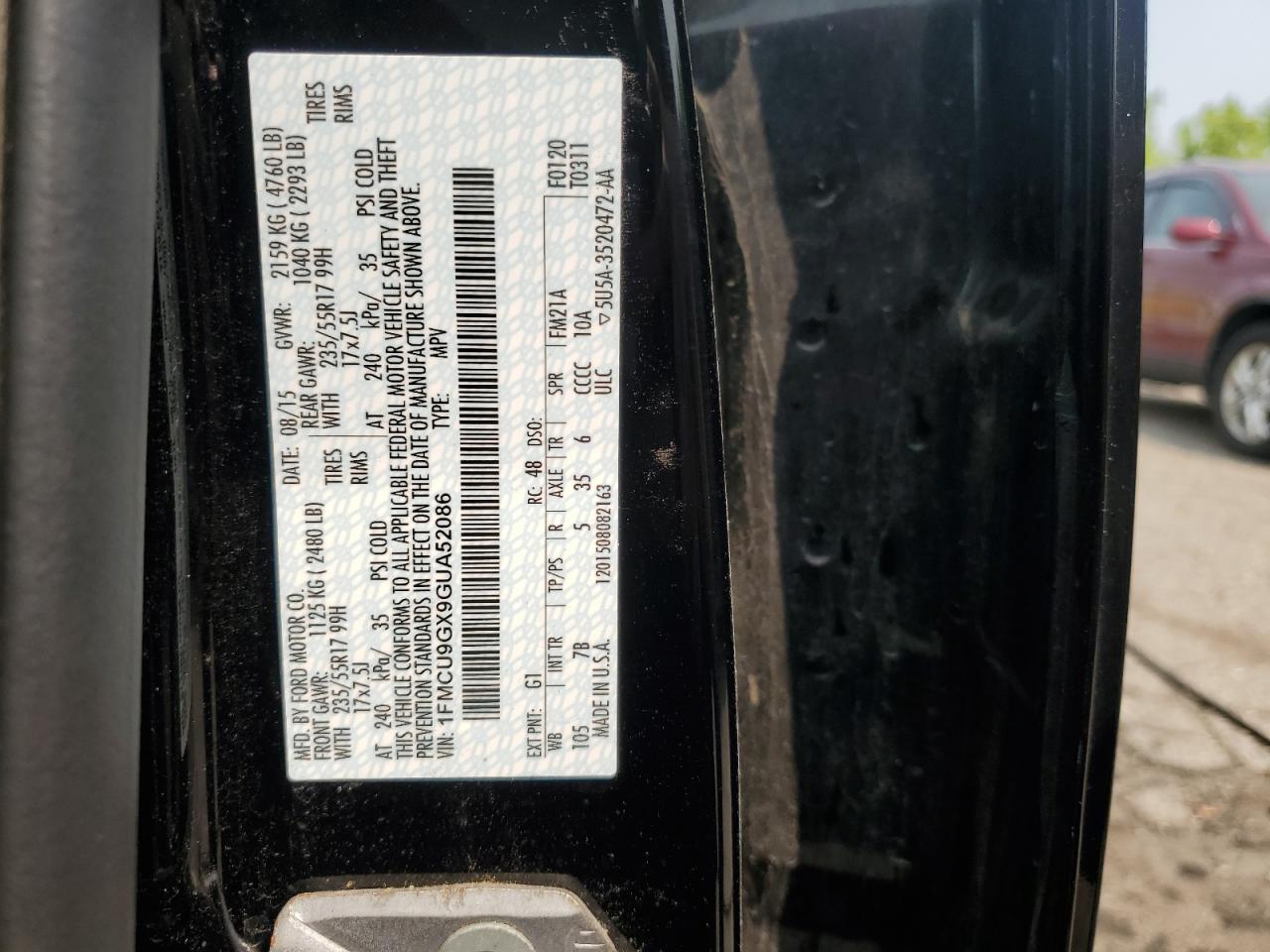 2016 Ford Escape Se VIN: 1FMCU9GX9GUA52086 Lot: 80733155