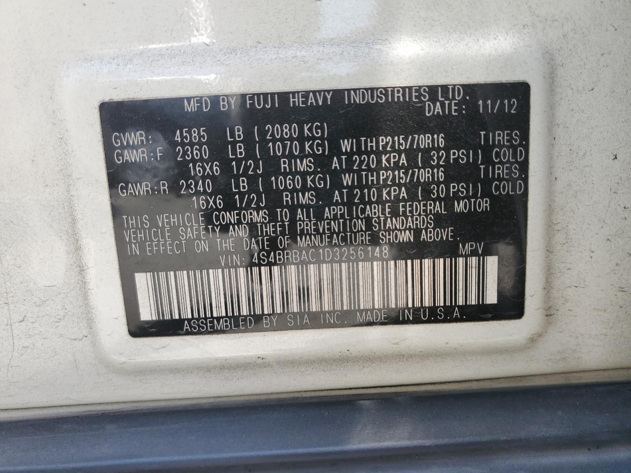 2013 Subaru Outback 2.5I VIN: 4S4BRBAC1D3256148 Lot: 62953985