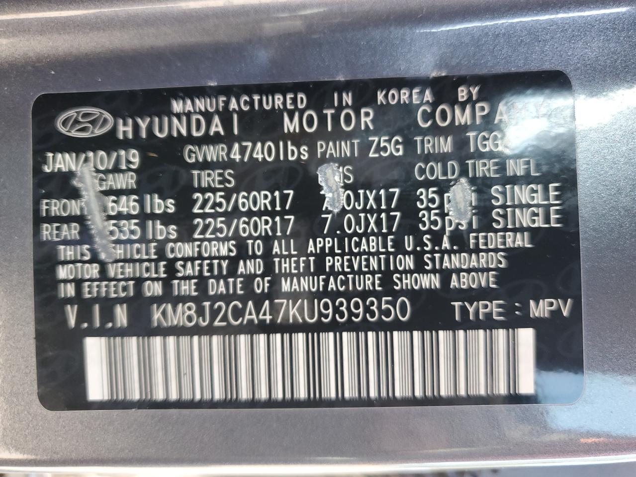 2019 Hyundai Tucson Se VIN: KM8J2CA47KU939350 Lot: 62344485