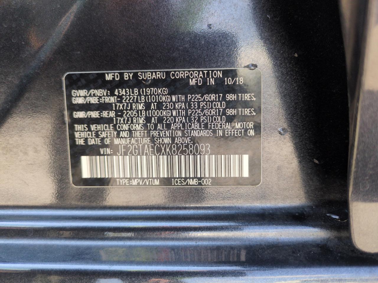 2019 Subaru Crosstrek Premium VIN: JF2GTAECXK8258093 Lot: 63116855