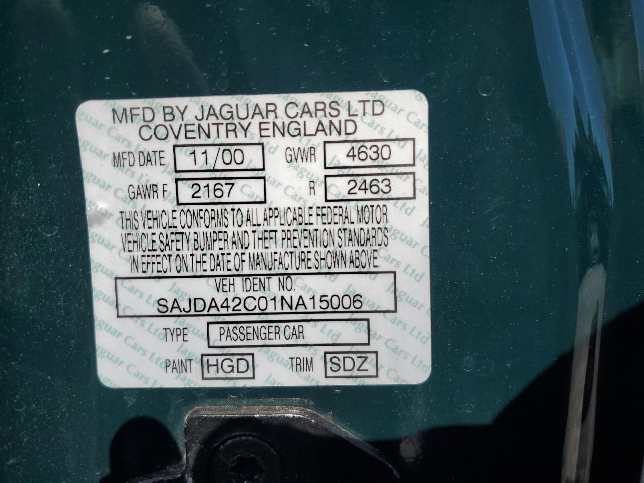 2001 Jaguar Xk8 VIN: SAJDA42C01NA15006 Lot: 58003825