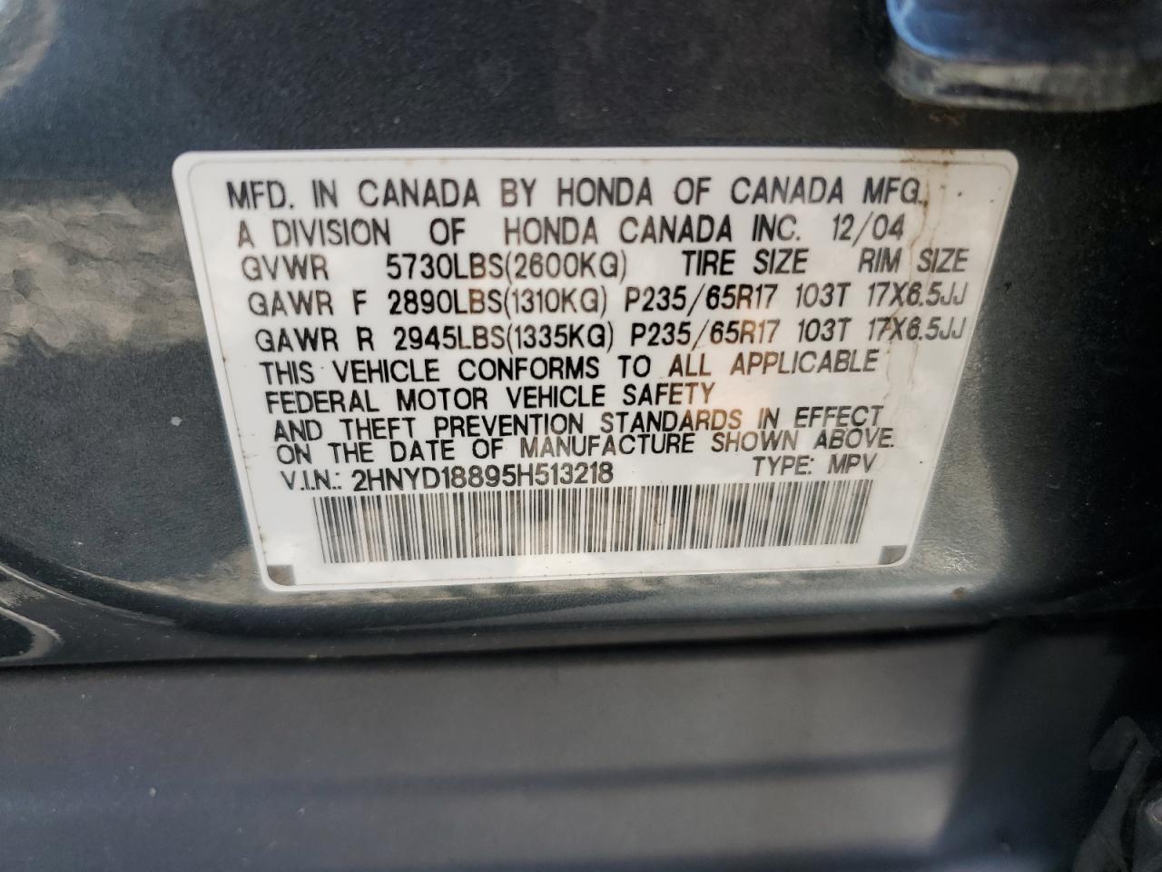 2005 Acura Mdx Touring VIN: 2HNYD18895H513218 Lot: 61080275