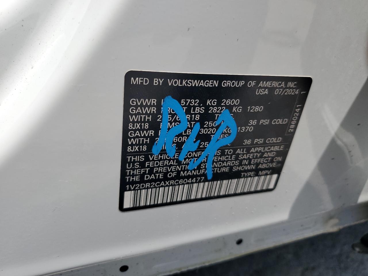 1v2dr2caxrc604477 1V2DR2CAXRC604477 2024 Volkswagen Atlas Se