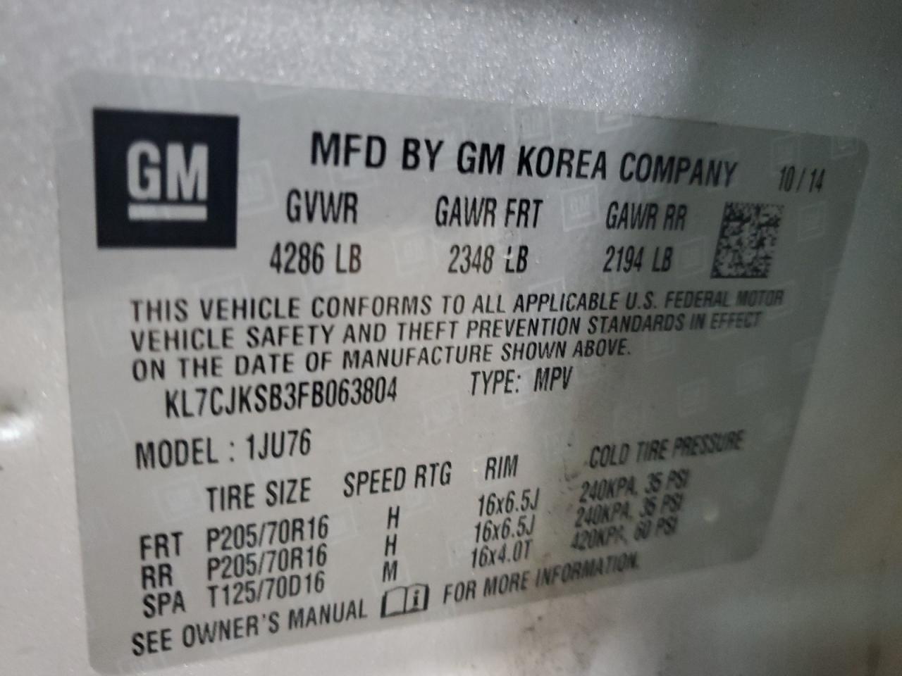 2015 Chevrolet Trax Ls VIN: KL7CJKSB3FB063804 Lot: 62793325