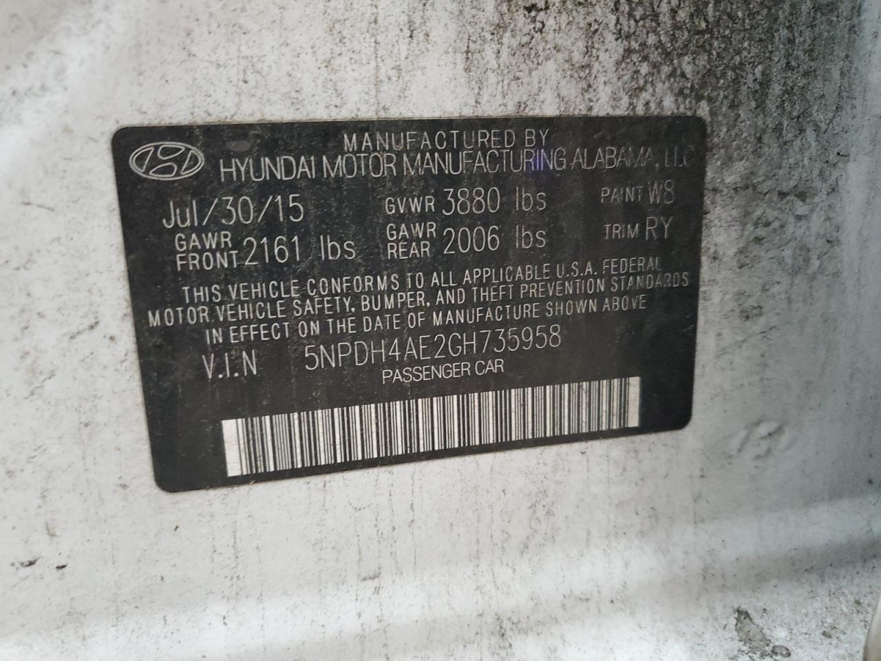 HYUNDAI ELANTRA 2016 VIN 5NPDH4AE2GH735958 zdjęcie 12