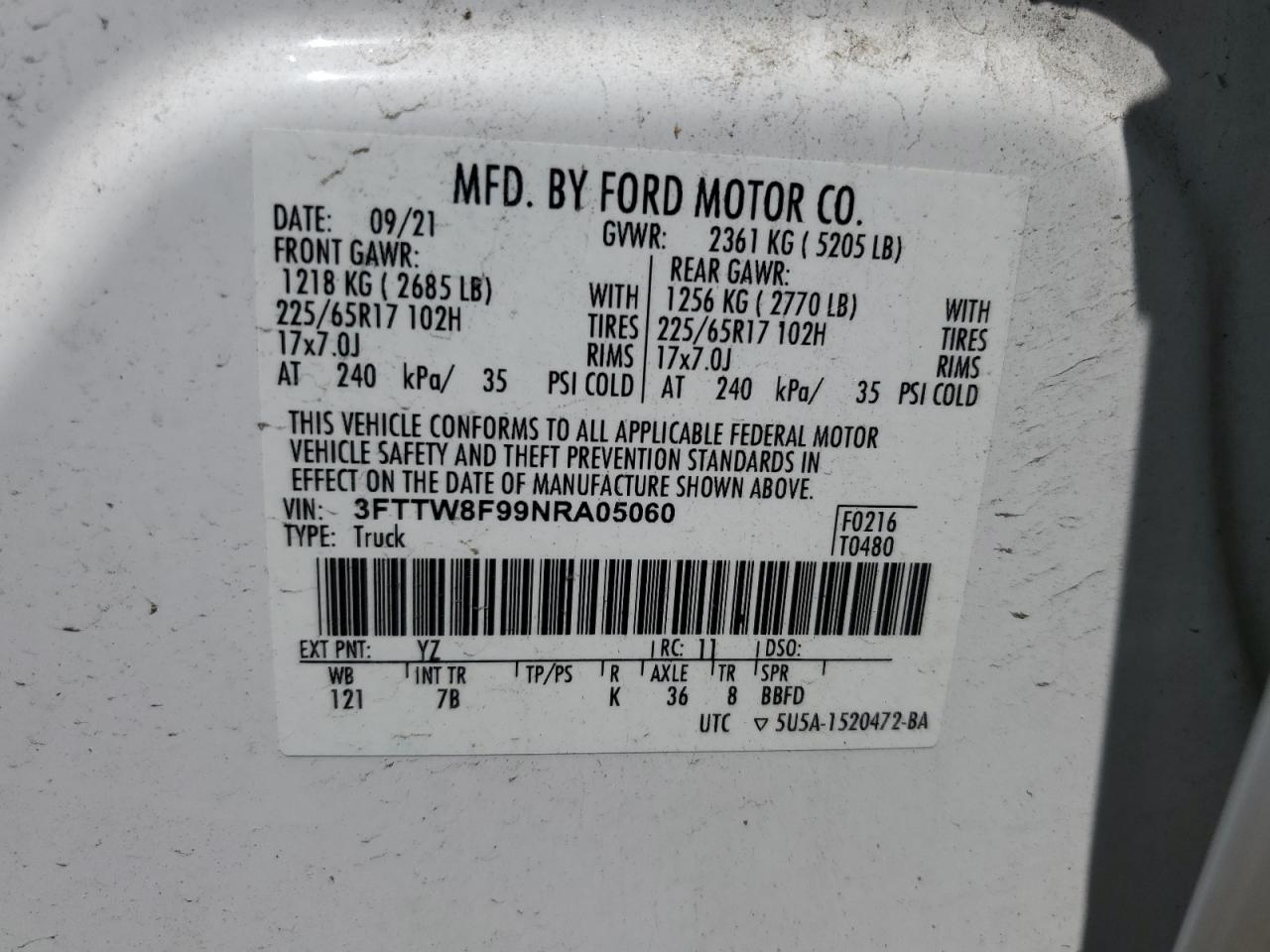 2022 Ford Maverick Xl VIN: 3FTTW8F99NRA05060 Lot: 62312165