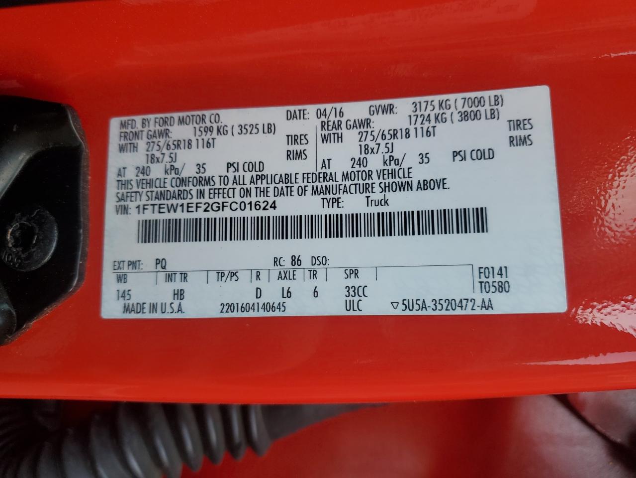 2016 Ford F150 Supercrew VIN: 1FTEW1EF2GFC01624 Lot: 62188225