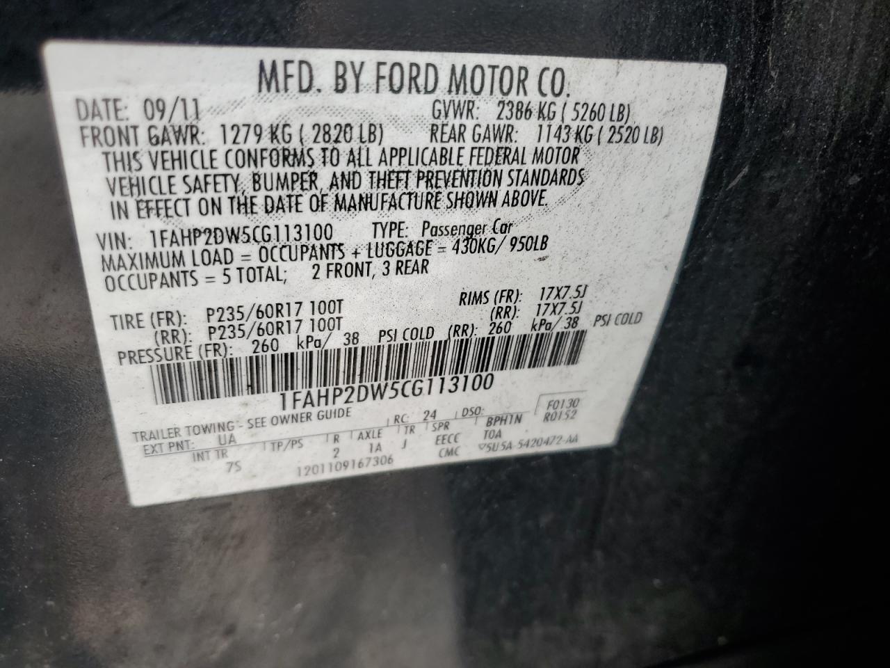 2012 Ford Taurus Se VIN: 1FAHP2DW5CG113100 Lot: 60596675