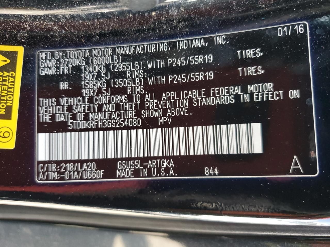 2016 Toyota Highlander Limited VIN: 5TDDKRFH3GS254080 Lot: 62315075
