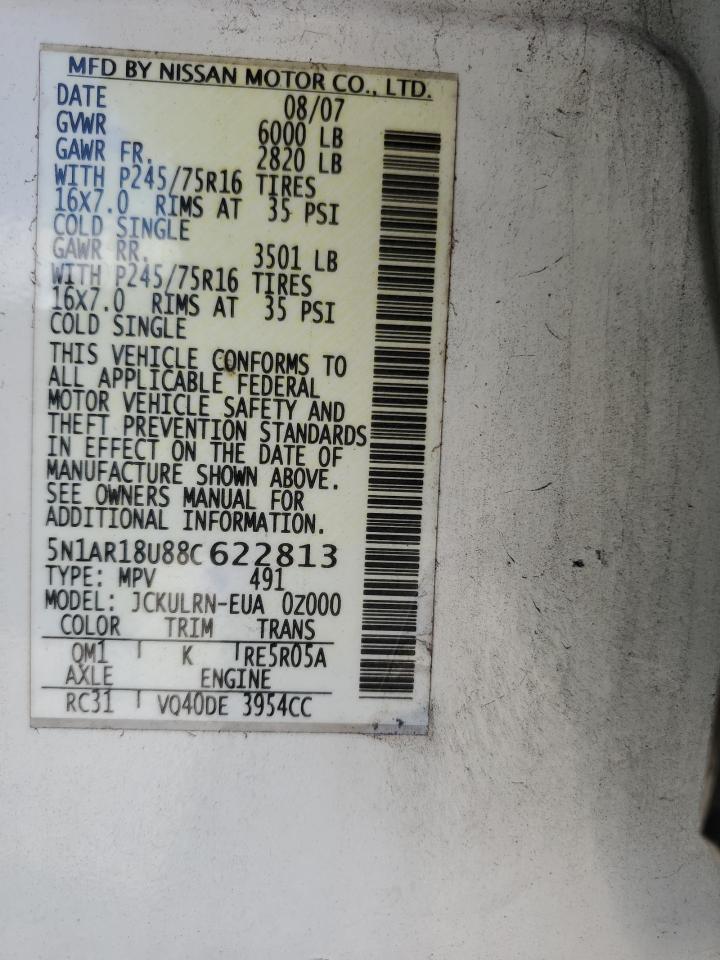 2008 Nissan Pathfinder S VIN: 5N1AR18U88C622813 Lot: 62458865