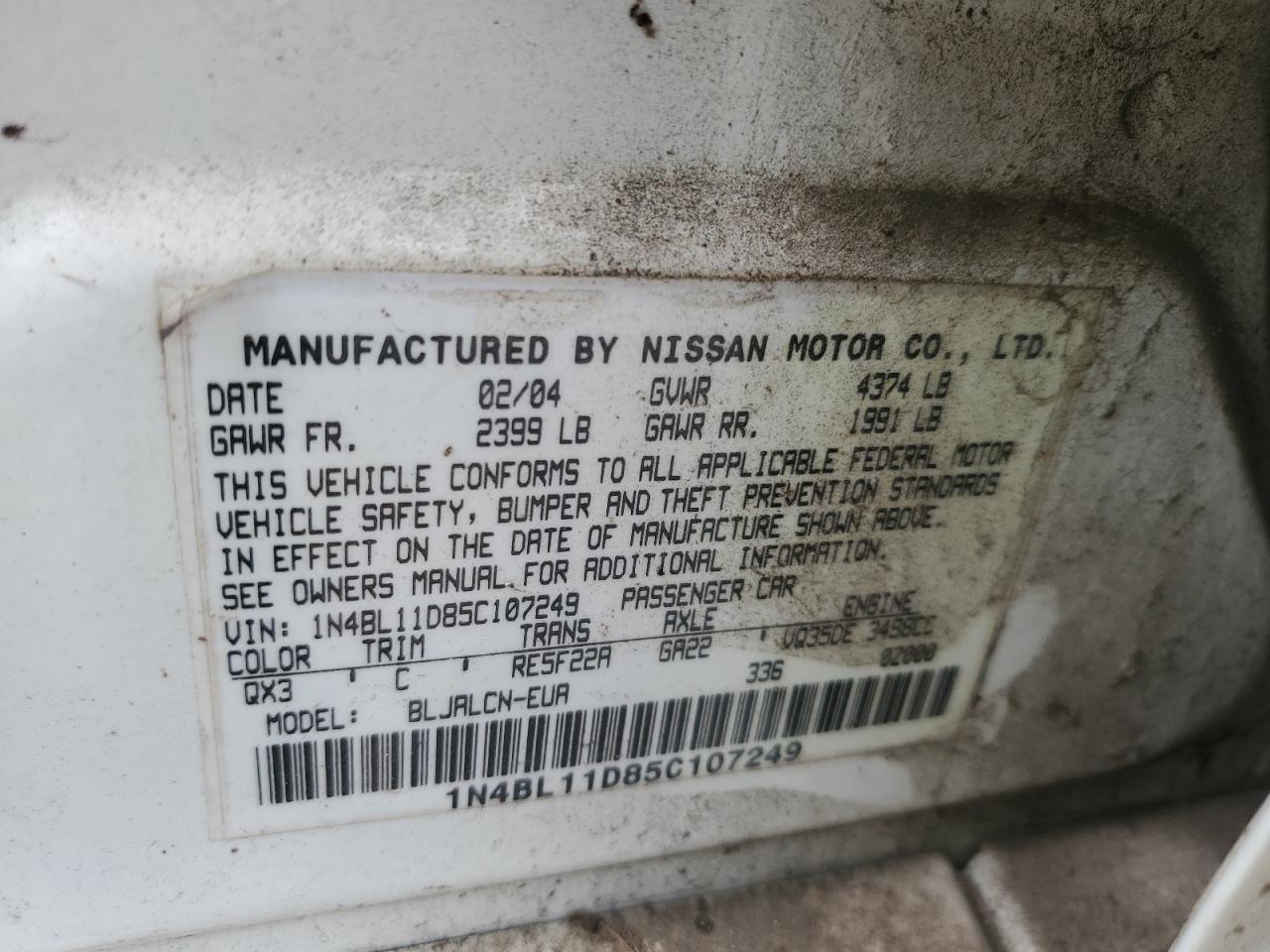 2005 Nissan Altima Se VIN: 1N4BL11D85C107249 Lot: 59157805