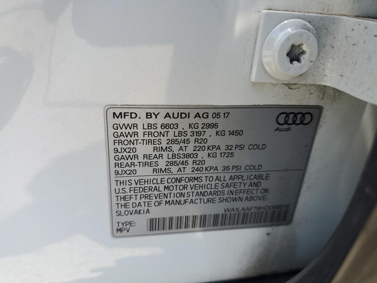 2017 Audi Q7 Premium Plus VIN: WA1LAAF78HD056870 Lot: 60569725