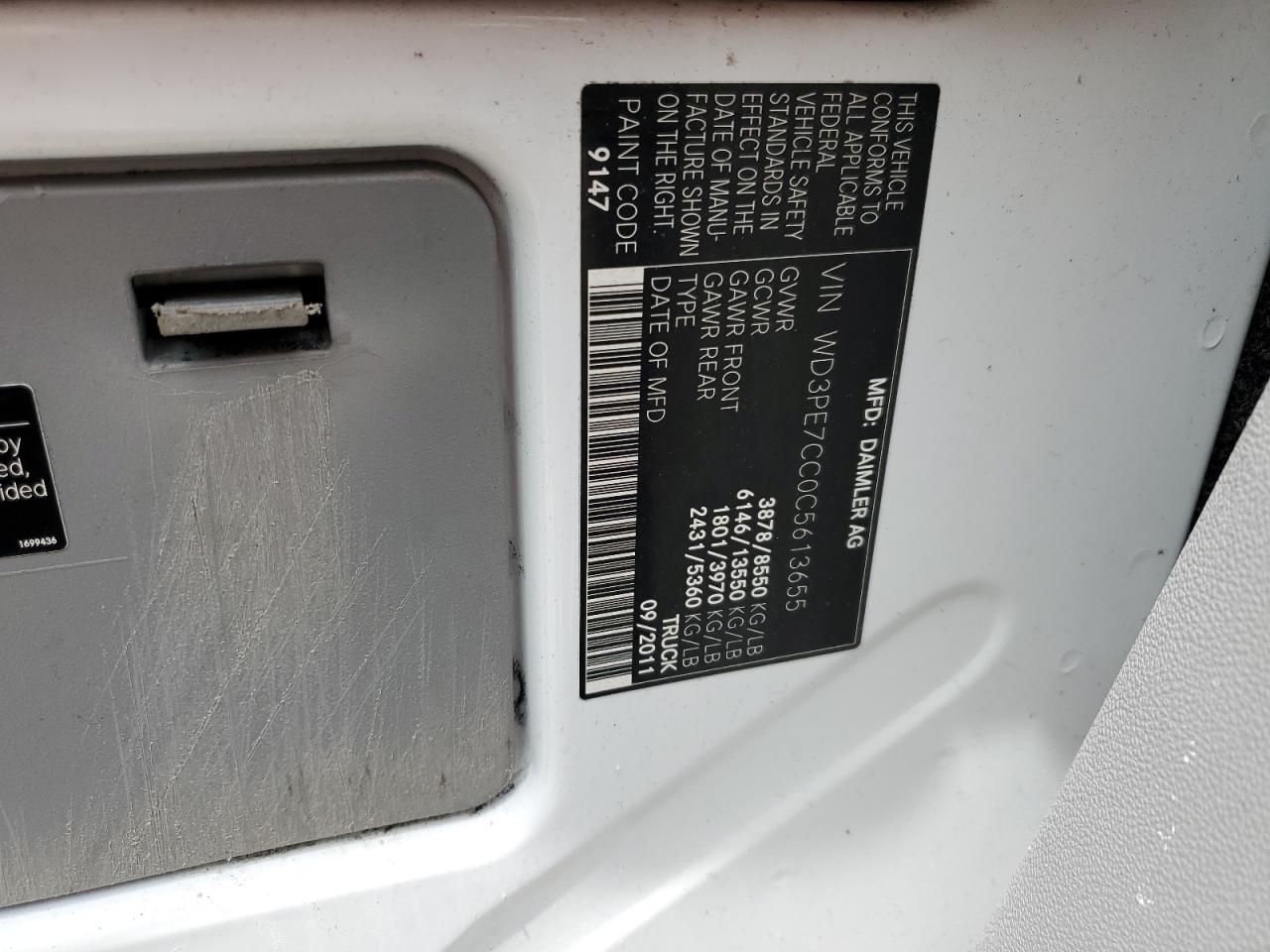 2012 Mercedes-Benz Sprinter 2500 VIN: WD3PE7CC0C5613655 Lot: 47145475