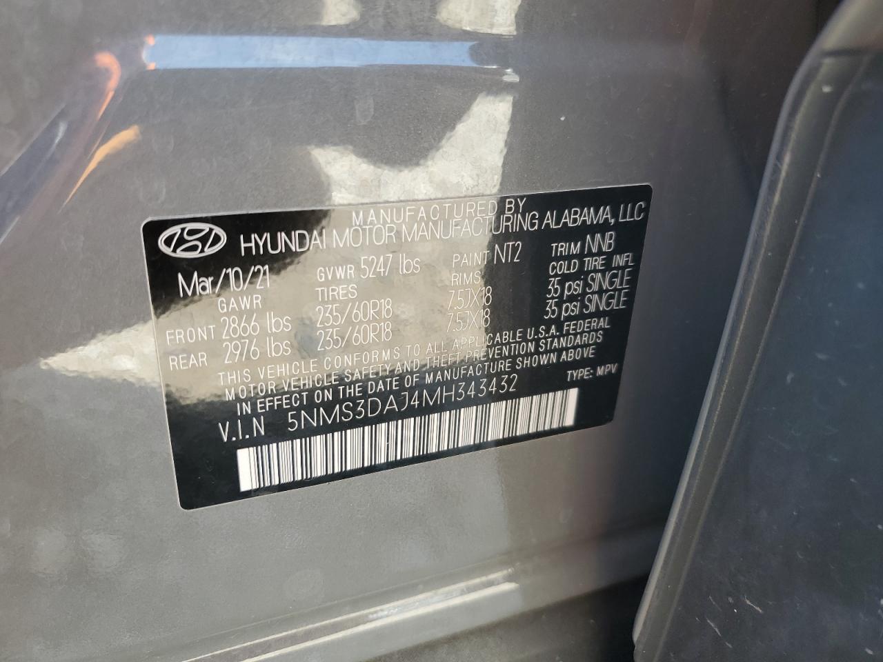 2021 Hyundai Santa Fe Sel VIN: 5NMS3DAJ4MH343432 Lot: 62606355