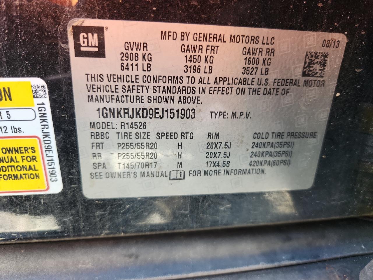 2014 Chevrolet Traverse Ltz VIN: 1GNKRJKD9EJ151903 Lot: 62828635