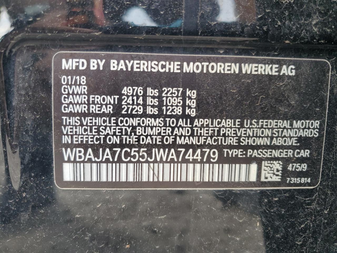 2018 BMW 530 Xi VIN: WBAJA7C55JWA74479 Lot: 59689085