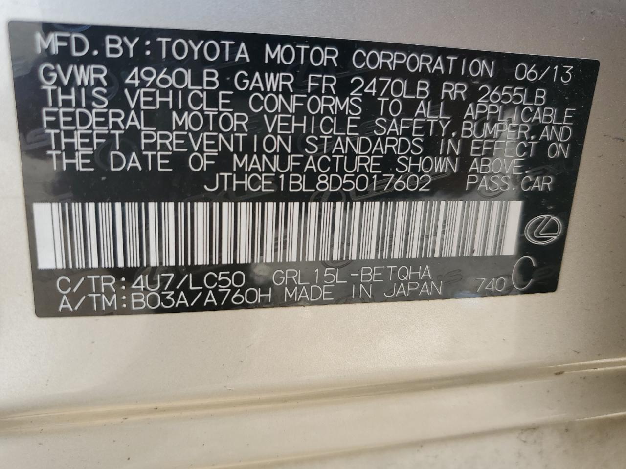 2013 Lexus Gs 350 VIN: JTHCE1BL8D5017602 Lot: 62355725