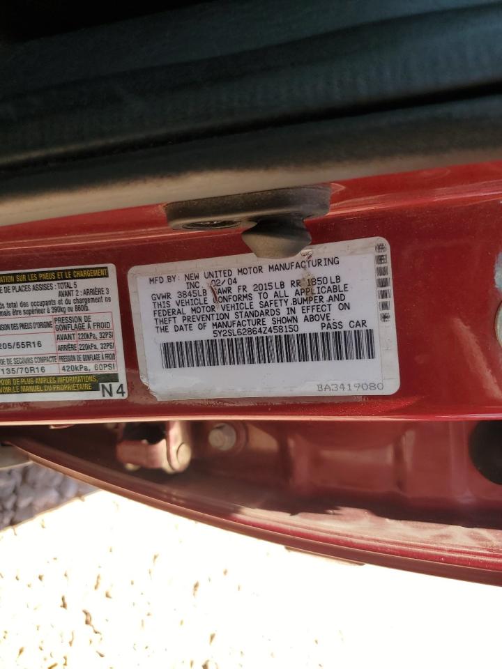 2004 Pontiac Vibe VIN: 5Y2SL62864Z458150 Lot: 61735405