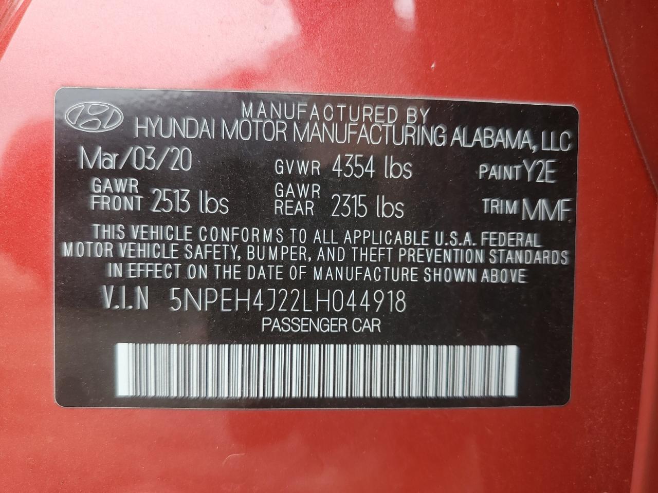 2020 Hyundai Sonata Limited VIN: 5NPEH4J22LH044918 Lot: 62500595