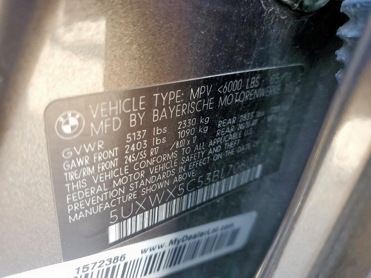 2011 BMW X3 xDrive28I VIN: 5UXWX5C53BL708057 Lot: 61878645