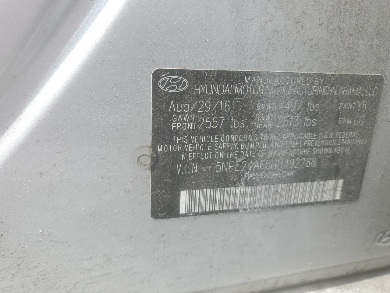 2017 Hyundai Sonata Se VIN: 5NPE24AF5HH492288 Lot: 62993985