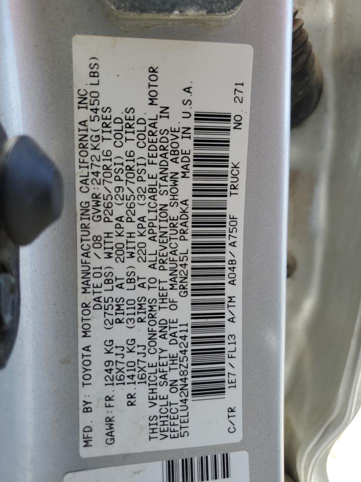 2008 Toyota Tacoma Double Cab VIN: 5TELU42N48Z542411 Lot: 62899405