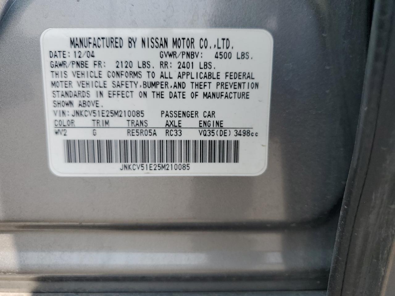 2005 Infiniti G35 VIN: JNKCV51E25M210085 Lot: 62200515