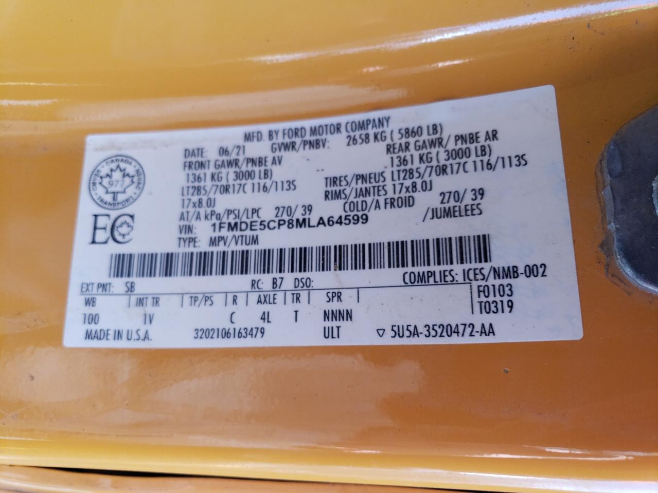 2021 Ford Bronco Base VIN: 1FMDE5CP8MLA64599 Lot: 61614225