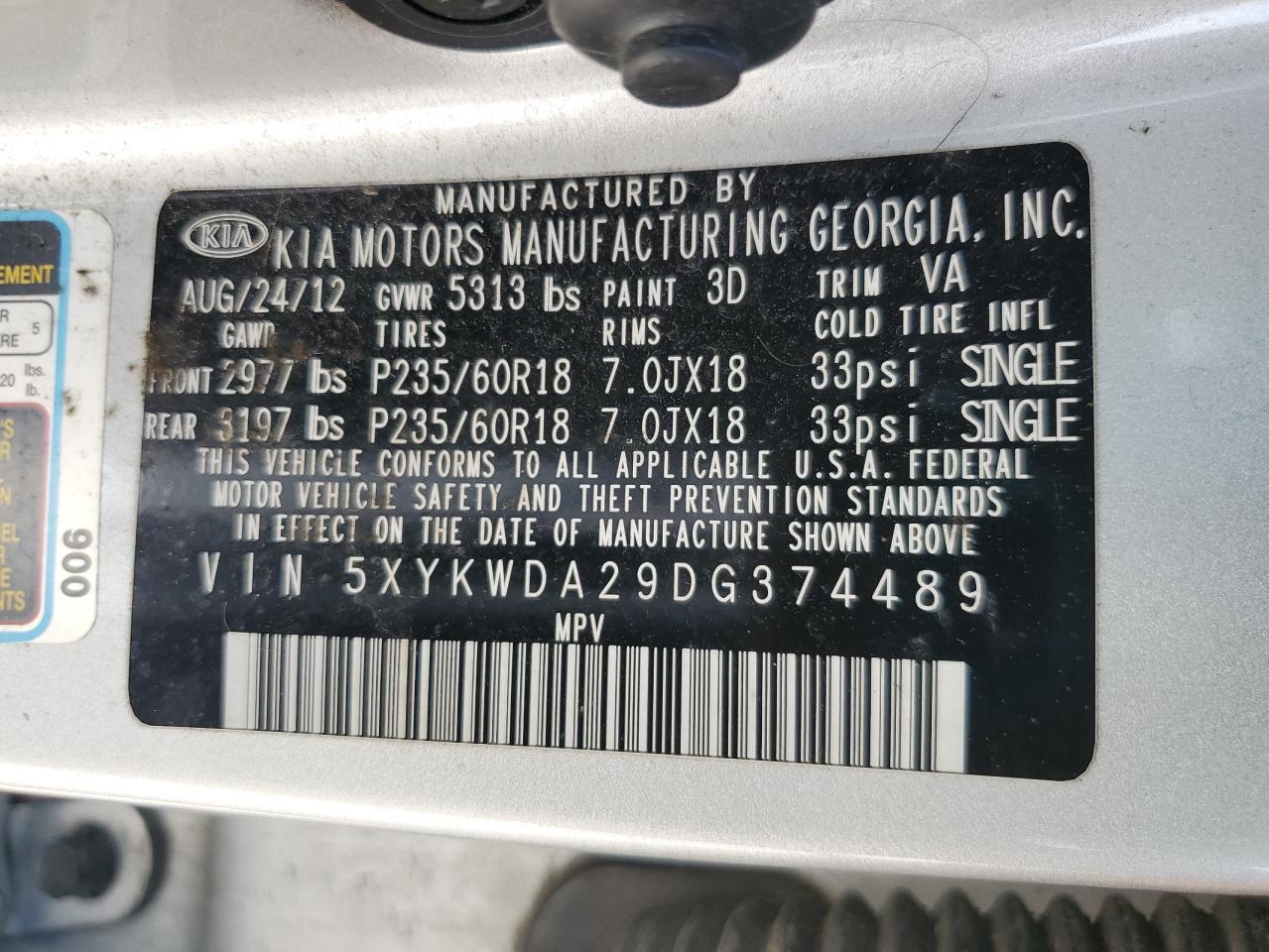 2013 Kia Sorento Sx VIN: 5XYKWDA29DG374489 Lot: 61231695