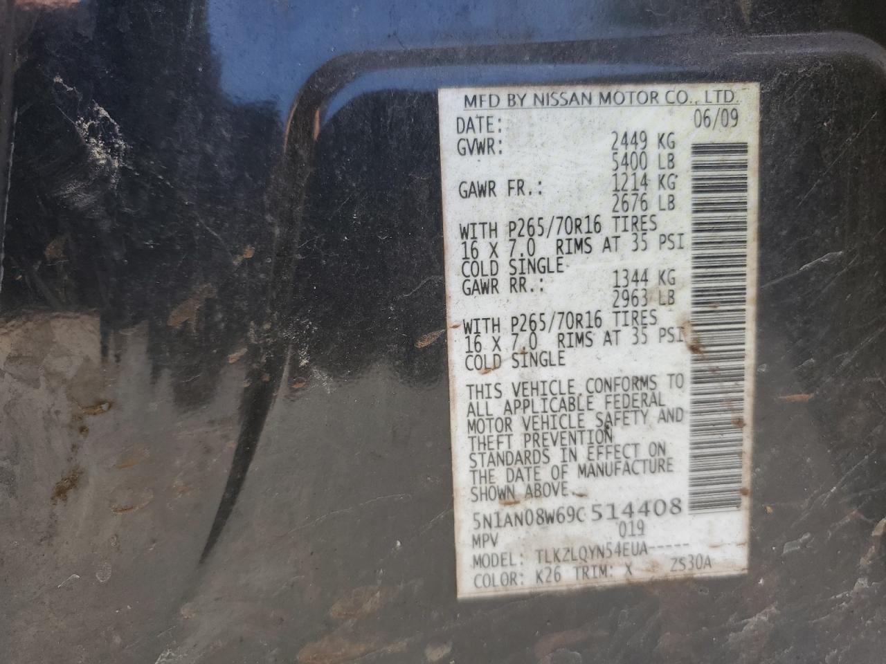 2009 Nissan Xterra Off Road VIN: 5N1AN08W69C514408 Lot: 60157805