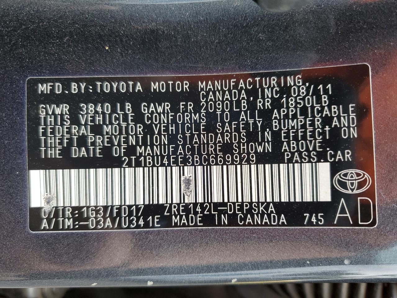 2011 Toyota Corolla Base VIN: 2T1BU4EE3BC669929 Lot: 62525785