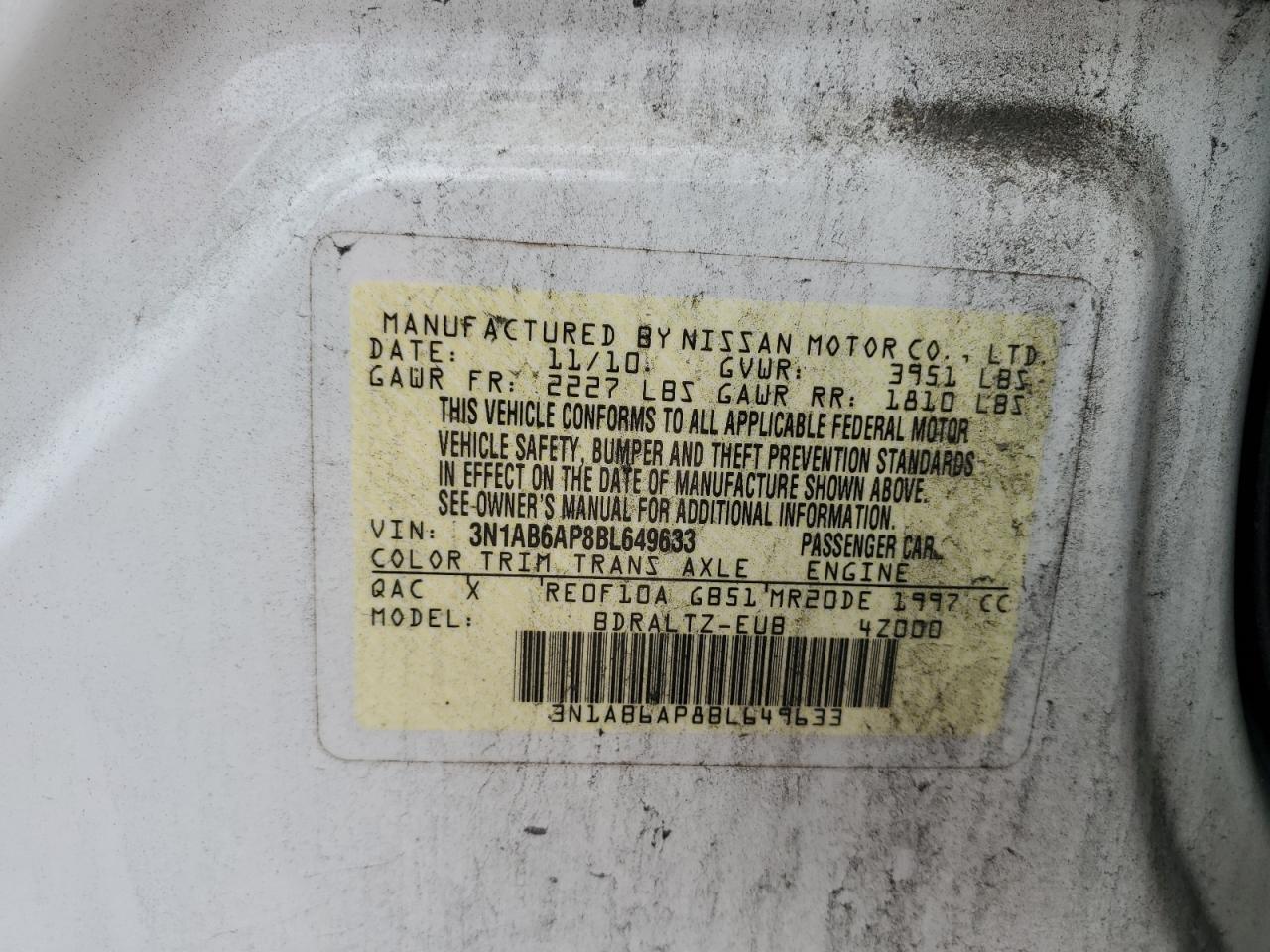 2011 Nissan Sentra 2.0 VIN: 3N1AB6AP8BL649633 Lot: 63189535