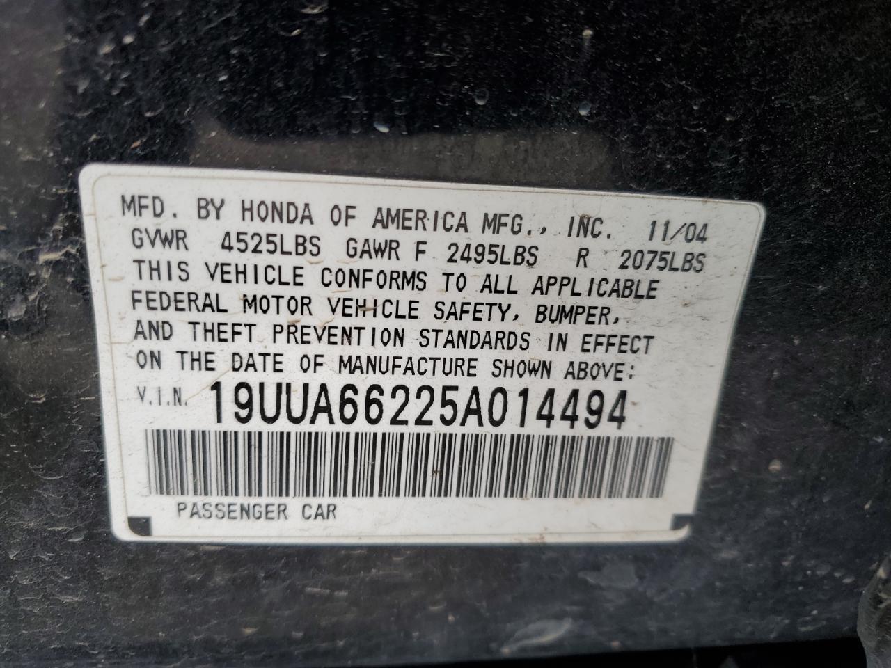 2005 Acura Tl VIN: 19UUA66225A014494 Lot: 62287675